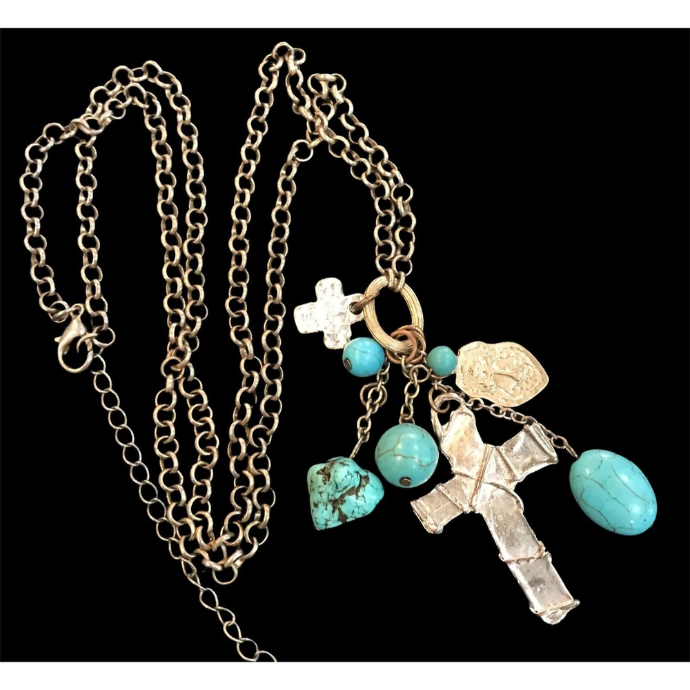 Boho Faux Turquoise Cross Dangle Pendant Necklace 18”